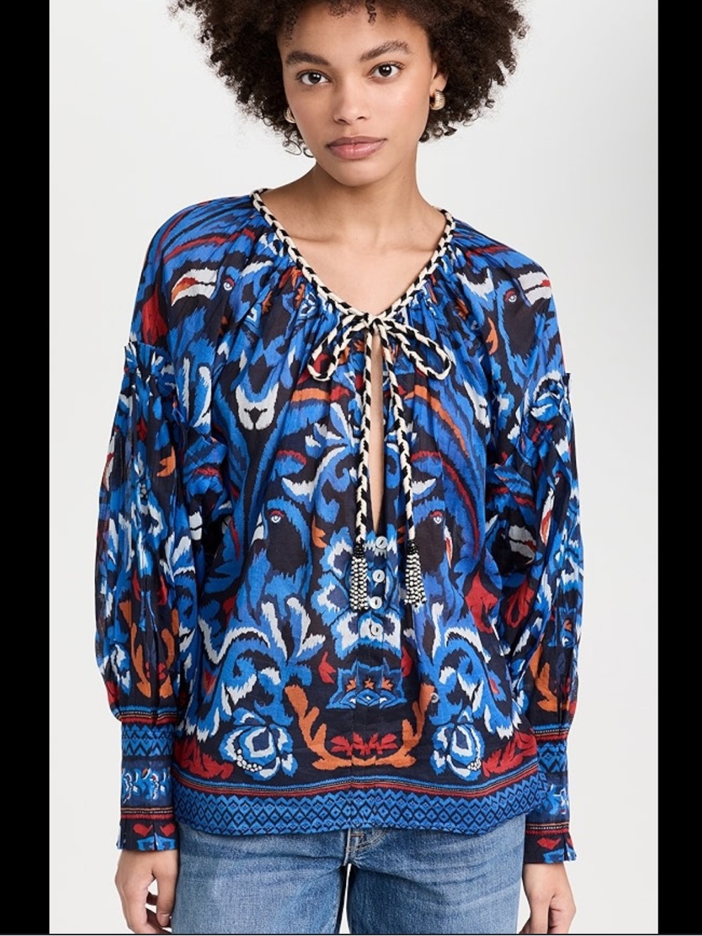 FARM Rio Royal Blue Multicolor Floral Tie-Neck Peasant Blouse